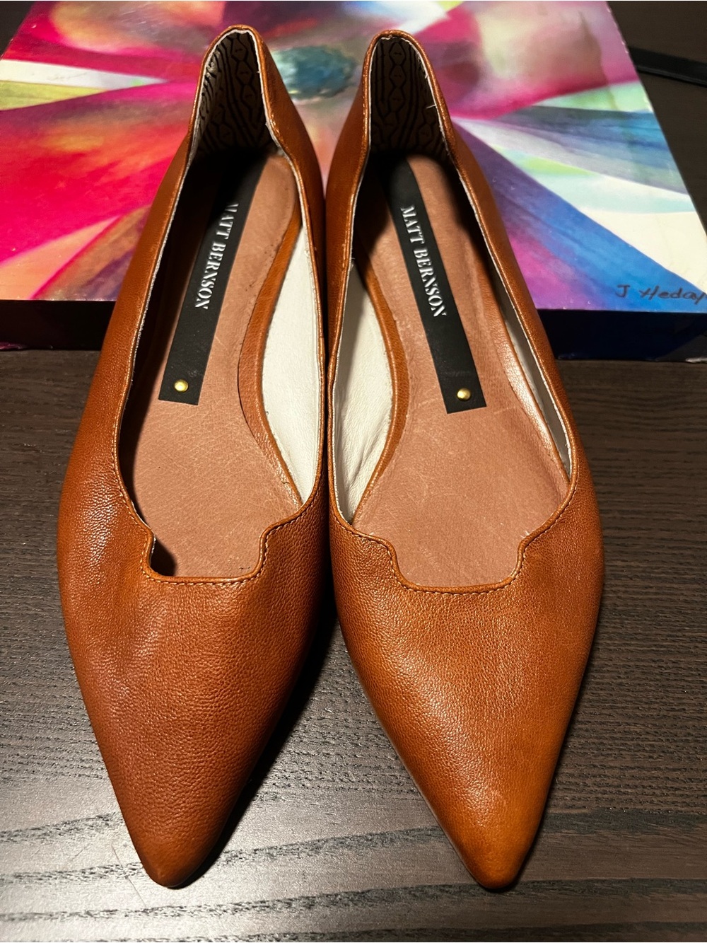 Matt Bernson Pointed-Toe Leather Flats in Cognac Brown